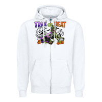 White trick or treat with monster truck and t rex Zipper Hoodie - CowGirlArtShop