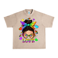 French Oak LGBTQ+ Messy Bun Mum Love With Hearts Urban Heavy Tee - BundleAndBundleShop