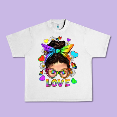 Lgbtq+ Messy Bun Mum Love With Hearts Urban Heavy Tee Designed By Bundleandbundleshop