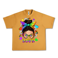 Peanut Butter LGBTQ+ Messy Bun Mum Love With Hearts Urban Heavy Tee - BundleAndBundleShop