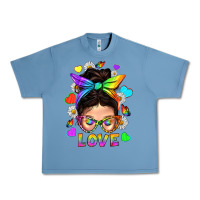 Pebble Blue LGBTQ+ Messy Bun Mum Love With Hearts Urban Heavy Tee - BundleAndBundleShop