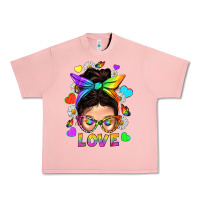 Salmon LGBTQ+ Messy Bun Mum Love With Hearts Urban Heavy Tee - BundleAndBundleShop