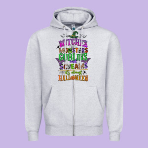 Witches Monsters Goblins And Screams Its Almost Halloween Zipper Hoodie Designed By Cowgirlartshop