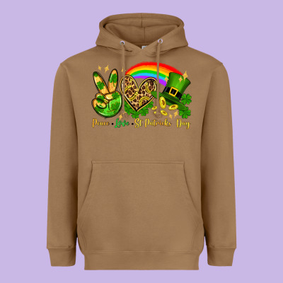 Peace Love St. Patrick's Day Heavyweight Hoodie Designed By Oliviacreatesart
