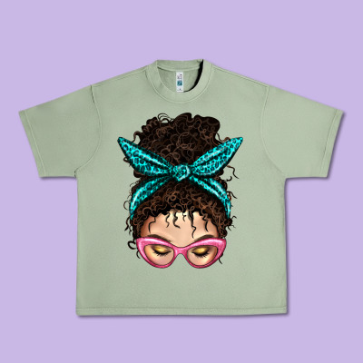 Messy Curly Bun Mom With Leopard Bandana Urban Heavy Tee Designed By Bundleandbundleshop