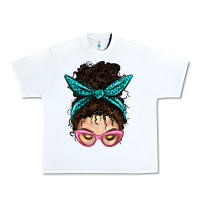 White Messy Curly Bun Mom With Leopard Bandana Urban Heavy Tee - BundleAndBundleShop
