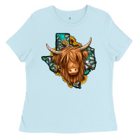 Baby Blue Texas map long haired shaggy cow Ladies Tee - Jasminsmagicworld