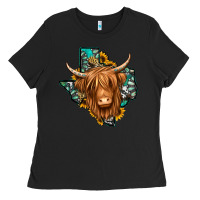 Black Texas map long haired shaggy cow Ladies Tee - Jasminsmagicworld