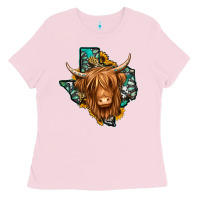 Bubblegum Pink Texas map long haired shaggy cow Ladies Tee - Jasminsmagicworld