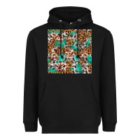 Black Western Turquoise Glitter Cowhide Leopard Seamless Heavyweight Hoodie - FaDigitalArtStudio