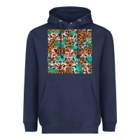 Navy Western Turquoise Glitter Cowhide Leopard Seamless Heavyweight Hoodie - FaDigitalArtStudio