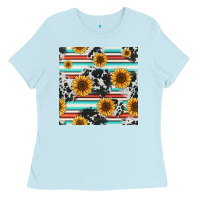 Baby Blue serape cowhide sunflowers seamless pattern 12inch Ladies Tee - Jasminsmagicworld