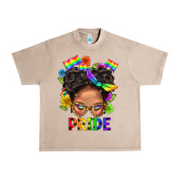 French Oak LGBTQ+ Messy Bun Mom Pride With Flower Urban Heavy Tee - BundleAndBundleShop