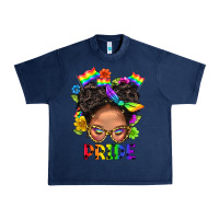 Navy LGBTQ+ Messy Bun Mom Pride With Flower Urban Heavy Tee - BundleAndBundleShop