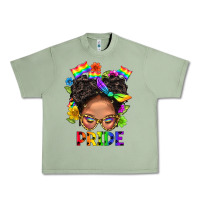 Oil Green LGBTQ+ Messy Bun Mom Pride With Flower Urban Heavy Tee - BundleAndBundleShop