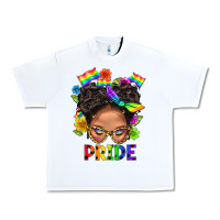 White LGBTQ+ Messy Bun Mom Pride With Flower Urban Heavy Tee - BundleAndBundleShop