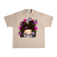 French Oak Messy Bun Mom With Butterfly Urban Heavy Tee - BundleAndBundleShop