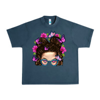 Midnight Navy Messy Bun Mom With Butterfly Urban Heavy Tee - BundleAndBundleShop