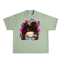 Oil Green Messy Bun Mom With Butterfly Urban Heavy Tee - BundleAndBundleShop