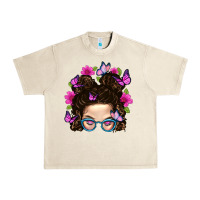 Sandshell Messy Bun Mom With Butterfly Urban Heavy Tee - BundleAndBundleShop