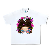 White Messy Bun Mom With Butterfly Urban Heavy Tee - BundleAndBundleShop