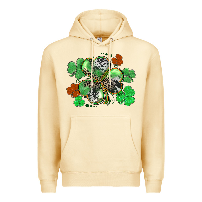St. Patrick's Day Shamrock Leopard And Cowhide Premium Hoodie by CowGirlArtShop | Teevron