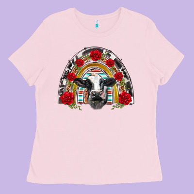 Black And White Baby Cow Floral Rose Rainbow Ladies Tee Designed By Barkaloodesign