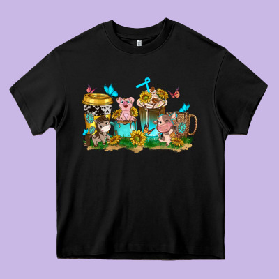 Farm Cute Animals With Sunflower Coffee Cups Heavy Core Tee Designed By Nancycooperartshop