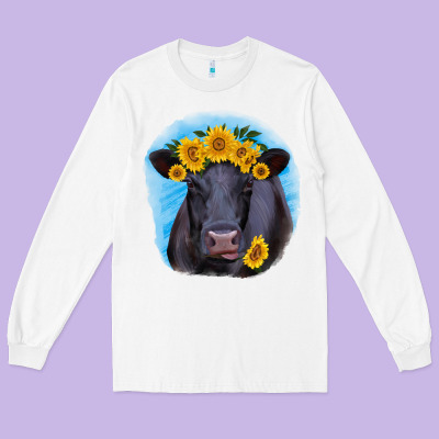 Black Angus With Sunflower Long Sleeve Tee Designed By Ranaportraitstore