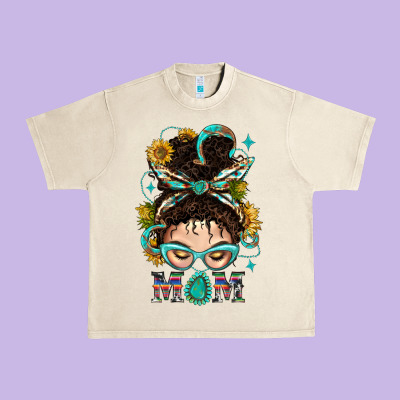 Western Messy Bun Mom With Sunflower Urban Heavy Tee Designed By Bundleandbundleshop