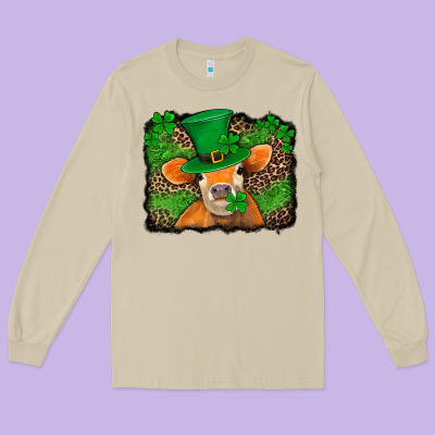 St Patricks Orange Cow With Leopard Background Long Sleeve Tee Designed By Jasminsmagicworld