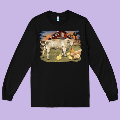 Charolaris Bull And Chicken In Barnyard Long Sleeve Tee Designed By Ranaportraitstore