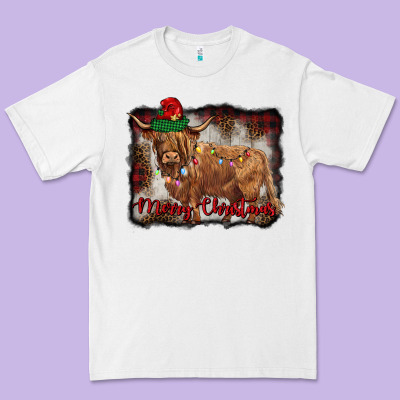 Merry Christmas Highland Cow Premium Tee Designed By Barkaloodesign