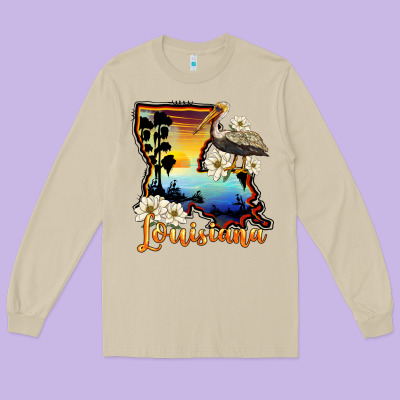 Louisiana  Sunset Map Magnolia Long Sleeve Tee Designed By Barkaloodesign
