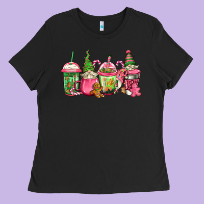 Pink Christmas Gnomes Coffee Cups Ladies Tee Designed By Jasminsmagicworld