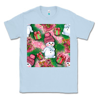 Dusty Blue cute snowman and gift box with leopard seamless pattern bbs Classic Tee - BundleAndBundleShop