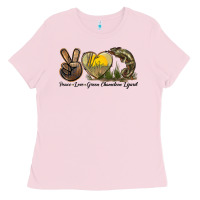 Bubblegum Pink Peace Love Green Chameleon Lizard Ladies Tee - LillyAllenDesigns