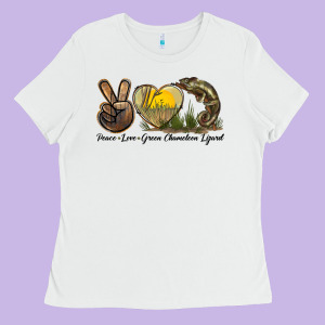 Peace Love Green Chameleon Lizard Ladies Tee Designed By Lillyallendesigns