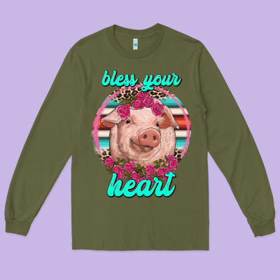Bless Your Heart Pig Long Sleeve Tee Designed By Ranaportraitstore