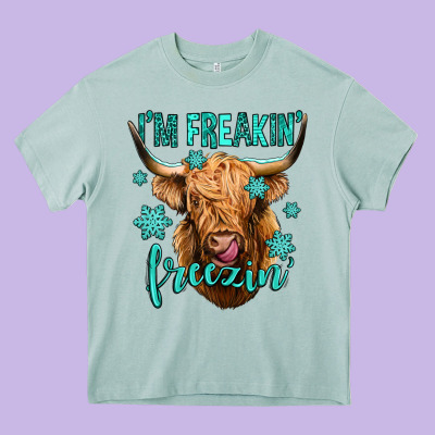 I'm Freakin Freezin Long Haired Cow Heavy Core Tee Designed By Jasminsmagicworld