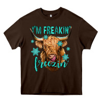 Chocolate Brown i'm freakin freezin long haired cow Heavy Core Tee - Jasminsmagicworld