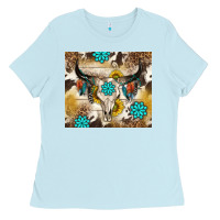 Baby Blue cowhide leopard bull skull gemstone Ladies Tee - NancyCooperArtShop