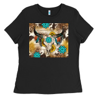 Black cowhide leopard bull skull gemstone Ladies Tee - NancyCooperArtShop