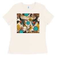 Bone cowhide leopard bull skull gemstone Ladies Tee - NancyCooperArtShop
