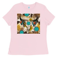 Bubblegum Pink cowhide leopard bull skull gemstone Ladies Tee - NancyCooperArtShop