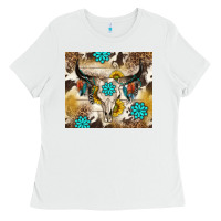 White cowhide leopard bull skull gemstone Ladies Tee - NancyCooperArtShop