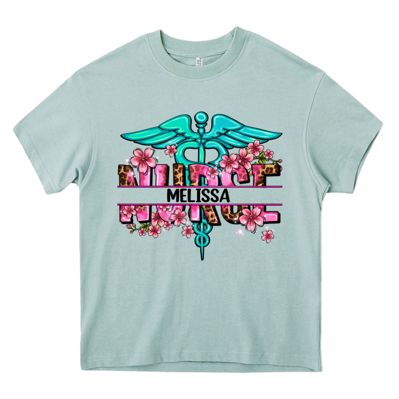 Floral Nurse Custom Name Heavy Core Tee by AdoDesignShop | Teevron