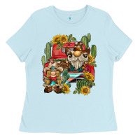 Baby Blue western gnome truck cactus sunflower Ladies Tee - BarkalooDesign