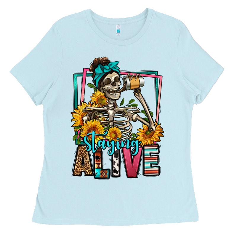 Staying Alive Coffee Drinking Skeleton Ladies Tee by Jasminsmagicworld | Teevron