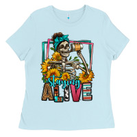 Baby Blue staying alive coffee drinking skeleton Ladies Tee - Jasminsmagicworld